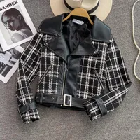 Women&#039;s Leather & Faux Plaid Short Jacket Autumn And Winter Style Woolen Material Stitching PU All-match Motorcycle Clothing