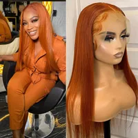 Orange Ginger Long Straight 13x4 Front Lace Real Wig Pre-Drawn Brasilianska Vågor 180% Densitet Remy Glueless Lace Closure Wig för kvinnor