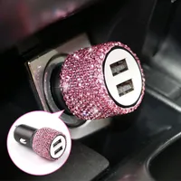 Mini Bling Diamond Metal Double Dual USB Car Chargers Charging Aluminum Alloy + ABS Charger 5 Colors