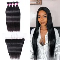 Double Weft Natural 1B Color Remy India Human Hair Bundles with Frontal Weaves 13x4 Peruvian Human Hair Extensions Straight Body Wave 4 Bundles