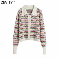 Zevity Women Rainbow Striped Print Hollow Out Crochet Stickad Sweater Coat Kvinna Chic Breasted Jacquard Cardigan Tops SW803 210806
