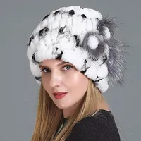 Feijas de luxo de inverno feminino chapéu de gorro genuíno rex pêlo lady moda moda listrada tampo tampo de malha real quente