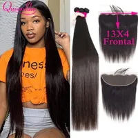 Human Hair Bulks QueenliKe 30 34 40 Inch Straight Brazilian Weave Bundles With Frontal Closure Remy Extension