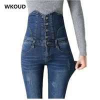 Frauen Jeans WKOUD Hohe Taille Hosen 5 Knöpfe Koreanische dünne Waschen Frauen Denim Bleistift Stretchhose Plus Größe P8751
