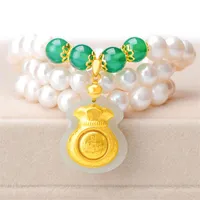 Colares pendentes Habitalo Luster Natural 8-9mm White Cultived Water Pearl 999 Gold e Jade Lucky Bag Jewelry for Women Gift