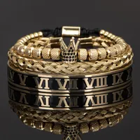 3 sztuk / zestaw urok biżuteria luksusowa korona handmade mężczyźni emaliowane rzymskie cyfry bransoletki konopie liny klamra otwarta stal nierdzewna Micro Pave CZ