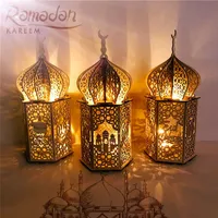 Wooden Eid Desktop Decoração Mubarak Muslim Madeira Artesanato Luzes Quentes Ornamentos Lanterna para Eid Muçulmano Islam Ramadan Party 210610