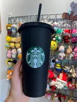 Starbucks 24oz 710ml Plastic Tumbler Reusable Black Drinking Flat Bottom Cup Pillar Shape Lid Straw Mug