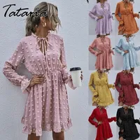 Женщины Розовое платье для дамы Аппликация шифоновая рубашка платье женщин raffled шеи с длинным рукавом высокая талия мини летнее платье Vestido 210316