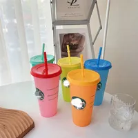 Party Cups Color changing Reusable Plastic Tumbler 24OZ 710ml Plastic mug Tumbler Lid Reusable Clear Drinking Flat Bottom Pillar Shape Straw Starbucks a06
