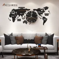 120cm Punch-Free DIY Black Acryl Weltkarte Große Wanduhr Modern Design Aufkleber Silent Uhr Home Wohnzimmer Küche Dekor 210310