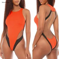 Barato Corte alto corte biquínis 2021 mujer sexy esportes swimwear mulheres monokini pescoço alto um pedaço de banho feminino bodysuit