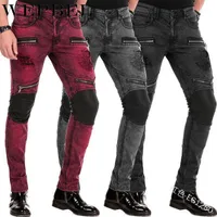 Jeans masculinos wepbel punk homens vintage calças de jeans skinny bolsos com zíper de zíper de retalhos rocha rock rold hose long long
