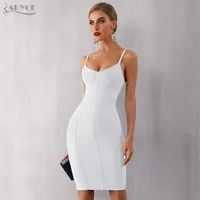 Adyce 2021 New Summer White Bodycon Bandage Dress Women Sexy Spaghetti Strap Strapless Knee Length Celebrity Evening Party Dress 210306