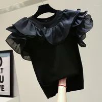 T-shirt féminin Femme Summer Black Tops 2021 Ruffle Mesh Tee Plain Short Sleeve Casual Daily Korean Japan T-shirts Fashion Top