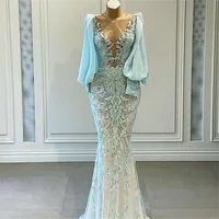 Modern Mermaid Evening Dresses Loose Long Sleeve Prom Gowns Lace Applique Sheer Neckline Sexy Party Dress