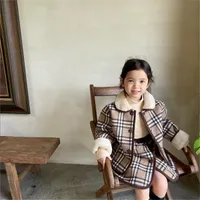Moda Kış Kız Tavşan Kürk Ekose Setleri Çocuklar Coat + Etekler 2 Peice Takım Rahat Childen's Giyim Yüksek Kalite Bebek Kız Etek Takım Elbise