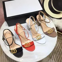 Classic High heeled sandals party fashion 100% leather women Dance shoe designer sexy heels Suede Lady Metal Belt buckle Thick Heel Woman shoes Large size 35-42 With box