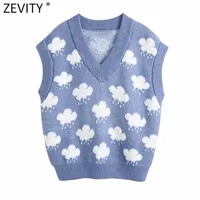 Zevity Femmes Mode Vol V osseux Motif de nuage Pull à tricoter Féminin Sans manches Casual Slim Gilet Chic Loisirs Pulls Tops S669 211022