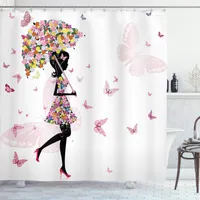 Dusch gardiner feminin gardin tjej med blommigt paraply och klänning går fjärilar inspirerande konst badrum