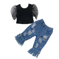 Conjuntos de ropa Sunsiom Kids Baby Girl Ropa Malla de malla de manga corta Cuello redondo Top Top Pocket Ripped Jeans Trajes 1-5YERAS