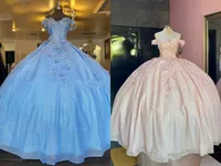 Shimming Baby Blue Pink Quinceanera Prom Dresses 3D Floral Flowers Off Schouder Baljurk Zoete 16 Graduation Cocktail Formele Jurk Vestidos 15 Anos