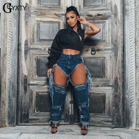 Sexy Ripped Holes Fringe Jeans Womens Streetwear High Waist Washed Distressed Straight Tassel Denim Pants Trousers ZL8221