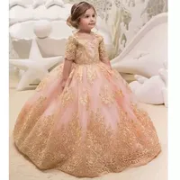 2021 Altın Glitz Balo Prenses Küçük Kızlar Pageant Elbiseler Fuşya Küçük Bebek Camo Çiçek Kız Elbise Büyük Yay Ile Düğün için