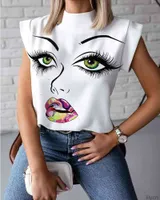 Сексуальные женские летние футболки стоят воротник губы печатные топы Tees без рукавов дамы ацетат размер S-2XL блузки женщин женщина одежда