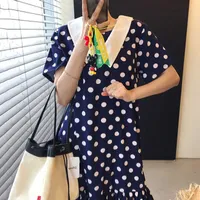 Korejpaa 여성 드레스 한국어 세련 된 빈티지 인형 칼라 히트 컬러 웨이브 포인트 느슨한 캐주얼 짧은 소매 ruffles 긴 드레스 210526
