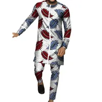Tute da uomo Bianco Striscia Bianco Stitching Design Stampa Camicie lunghe con pantaloni Ambientazione di pantaloni African Pant Set Maschile Groom Suits Personalizza Party Clothe