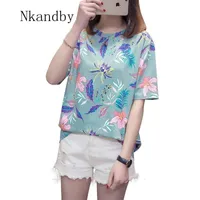 NKANDBY Çiçek Baskı Yaz T-shirt Kadın için Moda Rahat Kısa Kollu Bayanlar Tshirt Yeni Bambu Artı Boyutu Temel 4XL Tops 210226