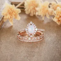 Obrączki ślubne 3 sztuk / zestaw Oval Fire White Opal Rose Gold for Bride Set Pierścionek zaręczynowy Rocznica biżuterii biżuterii prezenty