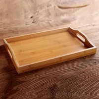newWooden Bamboo Rectangular Serving Tray Kung Fu Tea Cutlery Trays Storage Pallet Fruit Plate with Handle EWE5171