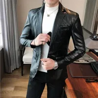 Men&#039;s Suits & Blazers PU Leather Suit Korean Fashion Casual Urban Style Solid Color Black Slim Jacket Robe Mariée Costume Homme Mariage Luxe