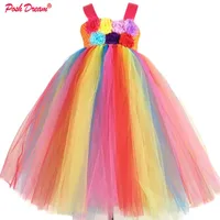 Girl's Robes Posh Dream Dream Vintage Filles Filles De Mariée Partie à la main Tulle Floral Rainbow Enfants Vêtements de bébé pour anniversaire