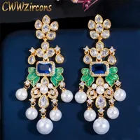 CWWZIRCONS Bloemen Kubieke Zirkoon CZ Lange Dangle Parel Oorbellen Voor Dames Afrikaanse Bridal Earring Aretes de Mujer Modernos CZ656 220121