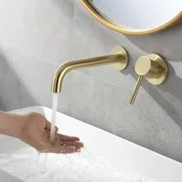壁に取り付けられた洗面器の蛇口のブラシをかけられた金の隠された熱いそして冷たい水のミキサータップシングルハンドルの浴室のシンクラウンド蛇口