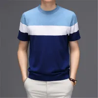 히트 컬러 뜨개질 Tshirt Mens 짧은 소매 여름 패션 트렌드 캐주얼 라운드 넥 느슨한 탑스 중년 얇은 뽕나무 실크 의류