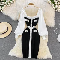 2021 New design women&#039;s square collar lantern long sleeve color block single breasted knee length knitted bodycon dress