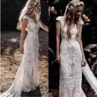 2022 Boho Lace Mermaid Wedding Dresses Bridal Gown Applique V Neck Covered Buttons Back Plus Size Sweep Train Tulle Country Beach vestido de novia