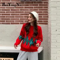 Beiyingni Christmas Sweater Femme Lâche Couleur Chaud Couleur Casual épais Mode Pull Tops Tops Femelle Basic Pulls coréens surdimensionné