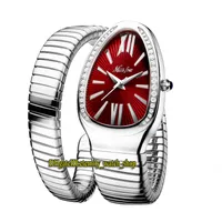 MissFox 2686-1 Moda Lady Relógios Vermelho Dial Quartz Movement Womens Watch Gelado Out Diamonds Bezel Caso de aço Pulseira de prata
