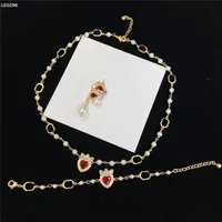 Luxury Love Pearl Diamond Necklace Ruby Rhinestone Earrings Metal Chain Pendant Eardrop Crystal Bracelet Anniversary Gift