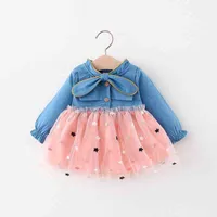 Babymeisje jurk lange mouw tule tutu sundress with denim jurk prinses baljurk feestjurken baby meisje kleding G1129