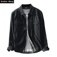 Brother Wang бренд весна новая мужская повседневная черная джинсовая рубашка 100 хлопок мода тонкий с длинным рукавом рубашки мужская одежда 210316