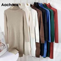 Aachoae Solid Knitted Long Dress Women Autumn Winter Turtleneck Sleeve Sweater Lady Split Loose Casual Vestidos