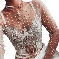 Sexy Transparent Silk Bright Diamond Pearls Long-sleeved Mesh Tops Women Fashion Streetwear European Spring And Summer