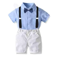 Conjuntos de ropa Baby Boy Set Cumpleaños Caballeros Formal Traje Verano Niños Cielo corto Azul Bow Shirt + Trajes de pantalones de suspensión blanca