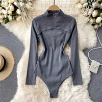 Foamlina Women Knitted Bodysuits Autumn Sexy Club Outfits Zip-up Stand Collar Long Sleeve Hollow Out Slim Body Tops Rompers 220111
